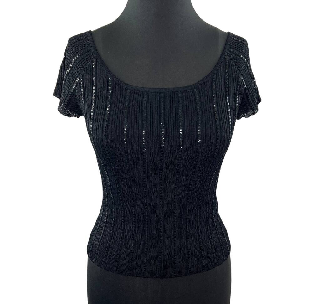 VINTAGE Laundry Shelli Segal Black Short Sleeve Mesh Overlay Sequin Stripe Top L